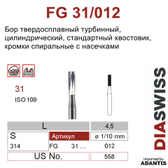 FG 31/012- бор твердосплавный, повышенной эффективности с рельефной кромкой, цилиндр с плоским концом, размер 012